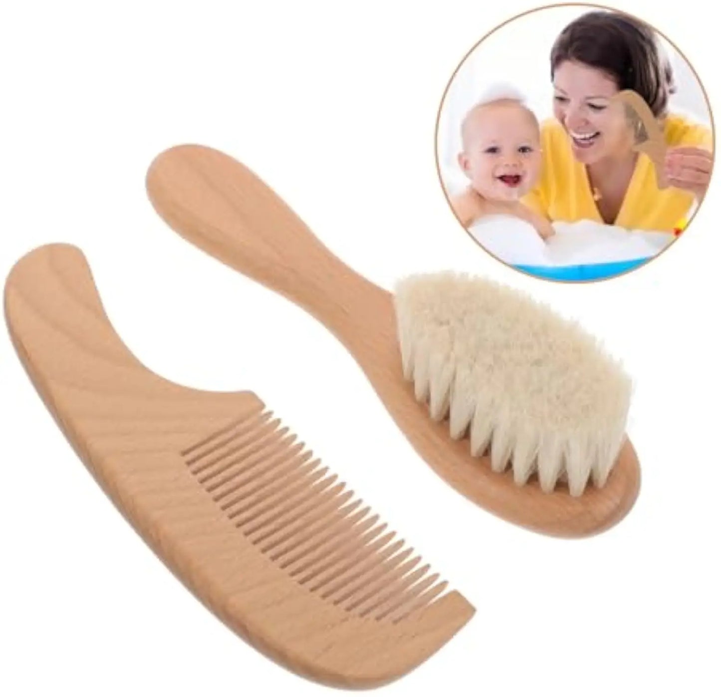 2pcs Baby Comb Set Baby Care Hair Brush Beech Soft Wool Wood Comb Newborn Massager Baby Shower And Gift Baby Hair Soothing