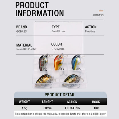 GOBASS 5pcs Mini Fish Bass Fishing Lure Set 3cm 1.5g Mini Artificial Baits Topwater Crank Wobblers For Pike Crankbaits Fishing