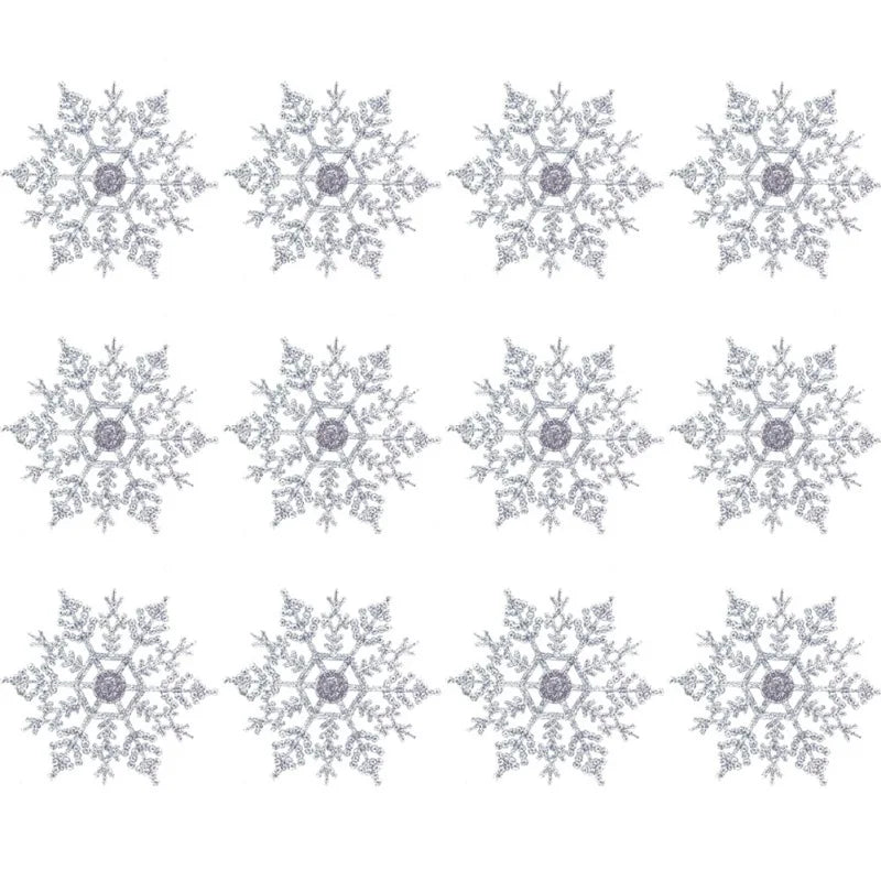12Pcs/Set 10cm Plastic Gold Silver Glitter Powder Snowflake Xmas Ornaments Pendant Christmas Tree Decorative Hanging Snowflake