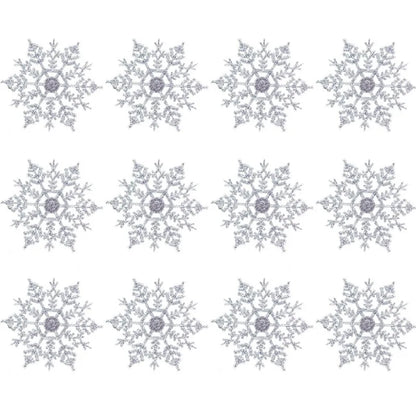 12Pcs/Set 10cm Plastic Gold Silver Glitter Powder Snowflake Xmas Ornaments Pendant Christmas Tree Decorative Hanging Snowflake