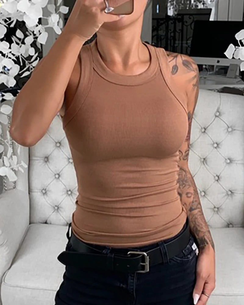 Women Solid Round Neck Ribbed Tank Top Camisole Women Summer Basic Elastic Tank Top O Neck Solid Tank Top