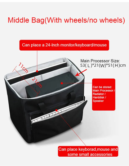 Desktop PC Computer Travel Storage Carrying Case Bag with Wheels for Computer Main Processor Case Monitor Keyboard and Accessori
