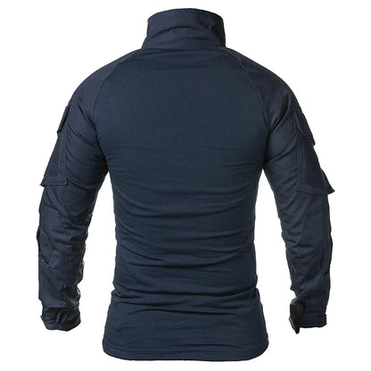 Men's Long Sleeve Combat Shirt 1/4 Zipper Ripstop Cotton Tactical Shirts Navy Blue Camoufalge Airsoft T Shirts
