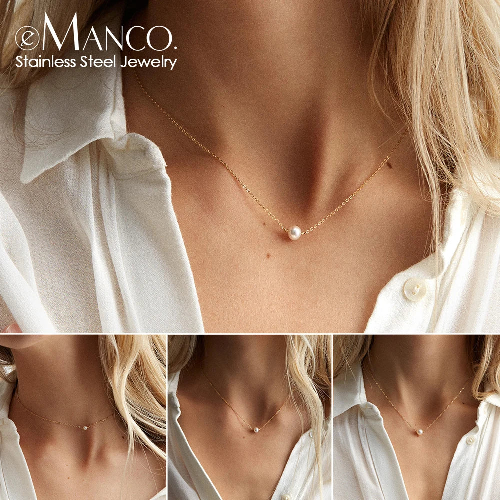 e-Manco Stainless Steel Choker Imitated Pearl Necklaces for Women – Gold Color Layered Chain Jewelry