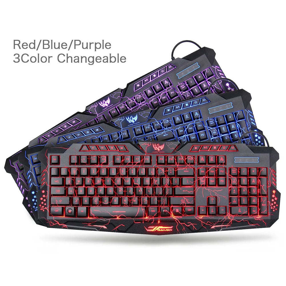 Gaming Keyboard Mechanical Computer Keyboard USB Wired LED 3 Color Red/Blue/Purple Backlit Gamer Lighted Keyboard With MousePad