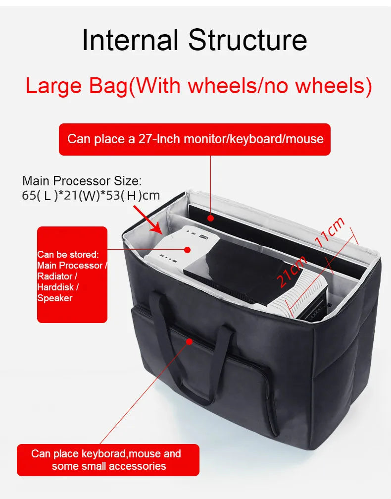 Desktop PC Computer Travel Storage Carrying Case Bag with Wheels for Computer Main Processor Case Monitor Keyboard and Accessori