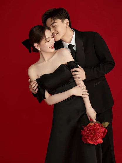 Wedding Dresses Sweet Bow Off The Shoulder For Women 2025 Satin Black Evening Dress Elegant Floor-length Simple Wedding Shooting