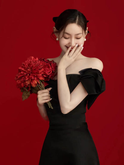 Wedding Dresses Sweet Bow Off The Shoulder For Women 2025 Satin Black Evening Dress Elegant Floor-length Simple Wedding Shooting