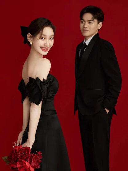 Wedding Dresses Sweet Bow Off The Shoulder For Women 2025 Satin Black Evening Dress Elegant Floor-length Simple Wedding Shooting