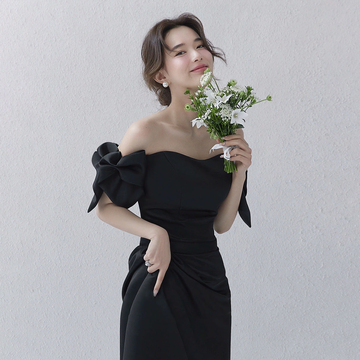 Wedding Dresses Sweet Bow Off The Shoulder For Women 2025 Satin Black Evening Dress Elegant Floor-length Simple Wedding Shooting