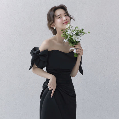 Wedding Dresses Sweet Bow Off The Shoulder For Women 2025 Satin Black Evening Dress Elegant Floor-length Simple Wedding Shooting