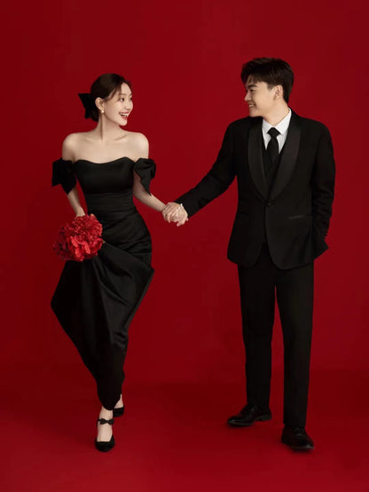 Wedding Dresses Sweet Bow Off The Shoulder For Women 2025 Satin Black Evening Dress Elegant Floor-length Simple Wedding Shooting