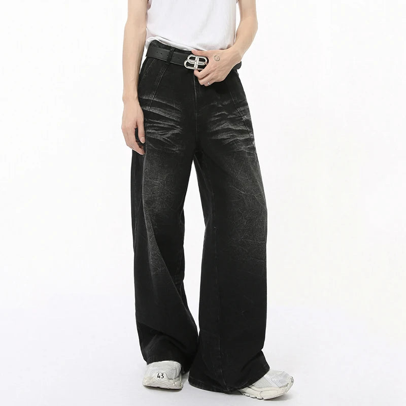 IEFB High Street Men's Jeans Casual Washed Whiskers Solid Color Loose Trendy Straight Wide Leg Male Denim Pants Autumn 9C7862