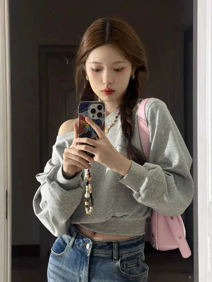Women Hoodies Autumn Streetwear Off Shoulder Seductive Cropped All-match Sweatshirts Baggy Fashion Print Design Aesthetic Casual