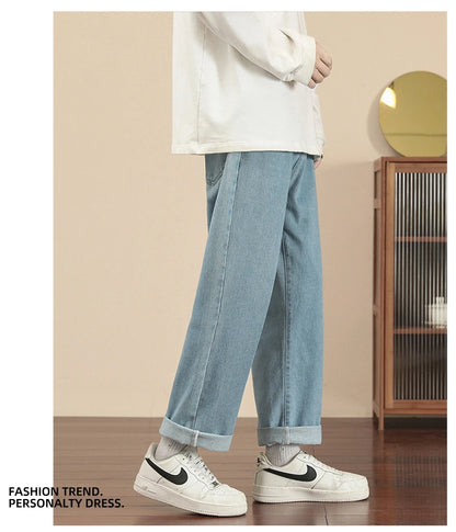 2023 New Korean Fashion Men's Casual Ankle-Length Jeans Classic Man Straight Denim Wide-leg Pants Light Blue Grey Black 3XL