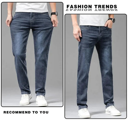 Summer Elastic Men's Jeans Fashion Gray Comfortable Business Straight Stretch Cotton Casual Denim Pants Brand Male Thin Trousers