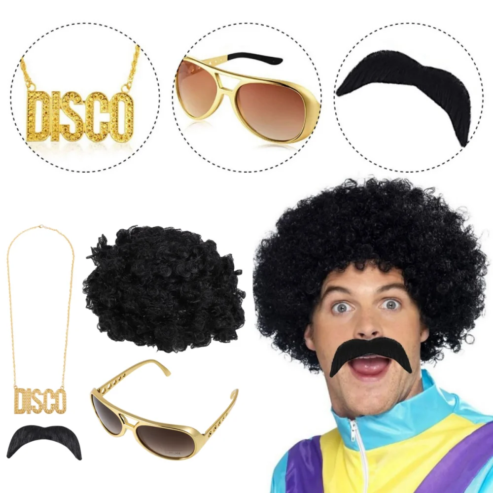 Men Hippie Costume Set Disco Costume Accessories Women Disco Necklace Sunglasses Mustache Halloween Party Character Costumes
