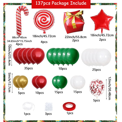 137PCS Christmas Balloon Set Candy Cane Aluminum Film Balloon Red Green White Christmas New Year Balloon Chain Arch Wreath Set