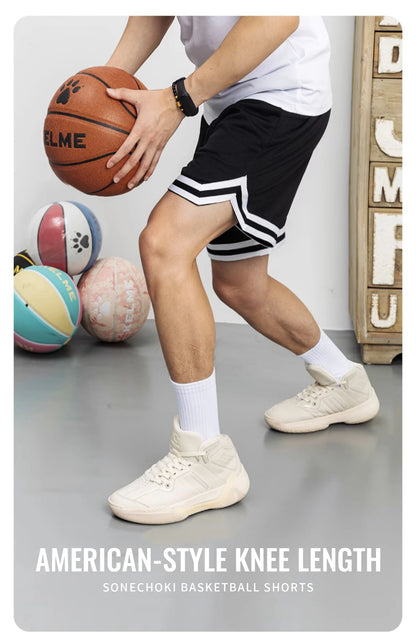 SONECHOKI Knee Length Basketball Shorts Men Striped Loose Running Sport Gym Mesh Breathable Fitness Training Workout Bottom Male