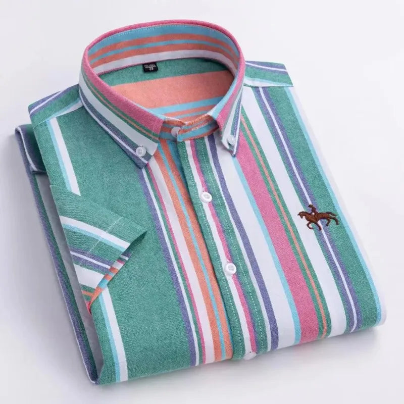 100% Pure Cotton Oxford Shirt For Men’s Short Sleeve Solid Stripe Leisure Embroidered Horse Social Business Formal Dress Shirts