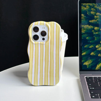 Fashion Simple Green Yellow Stripes Wavy Edges 2-in-1 Glossy Soft Protective Phone Case Cover for iPhone 16 15 14 13 12 Pro Max