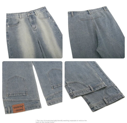 Vintage American Retro Reverse Side Turned Denim Jeans Men Women Couple Straight Wide Leg Baggy Drag Pants Trendy