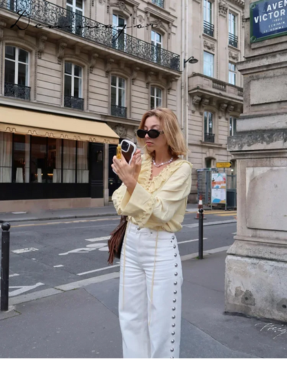 Casual Bead Jean Women Loose High Waisted Pockets Zipper All-match Straight Leg Trouser Female 2025 Y2k High Street Lady Outwear