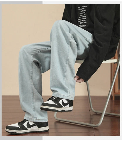 2023 New Korean Fashion Men's Casual Ankle-Length Jeans Classic Man Straight Denim Wide-leg Pants Light Blue Grey Black 3XL