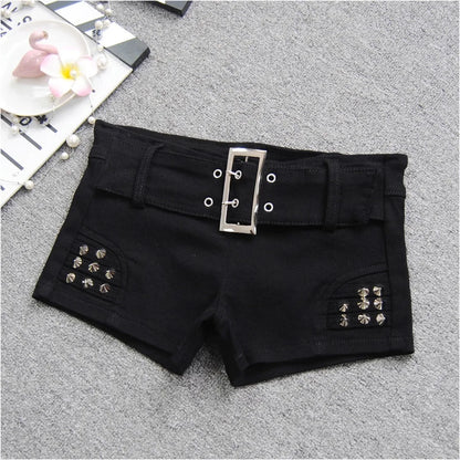 Denim Shorts Women Low-waisted Black Slim Fit Sexy Hot Girls Rivet Belt Design Unique All-match Nightclub Bodycon Summer Y2k