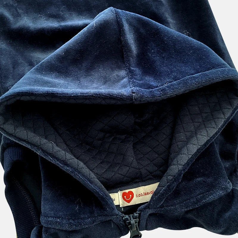 Kids school clothes boy/girl school vest navy velour lining hooded outside jacket front zippers and embroided heart kids tops