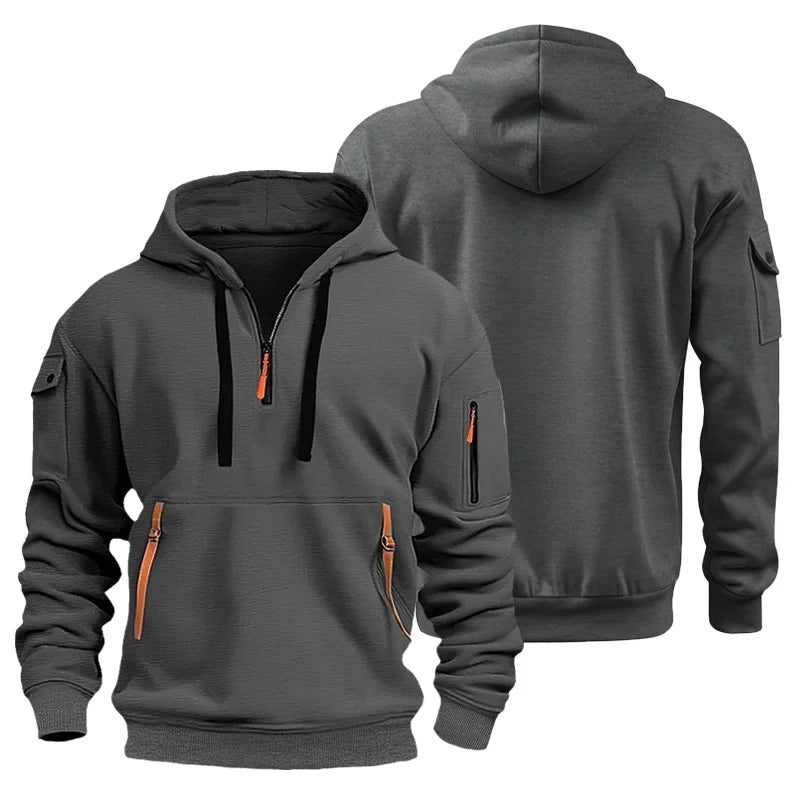 Men's Casual Sports Hoodie Spring Autumn Fashion Solid Color Long-Sleeved Pullover with Arm Pocket And Pull Rope plus Size
