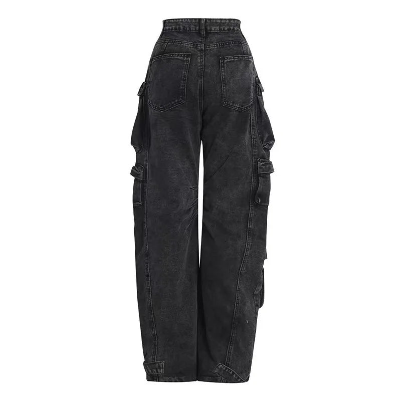 Trendy Women's Denim Workwear | Street Style Black & Grey Multi-Pocket Jeans | American Casual High-Waist Functional Design
