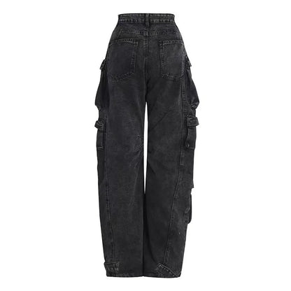 Trendy Women's Denim Workwear | Street Style Black & Grey Multi-Pocket Jeans | American Casual High-Waist Functional Design