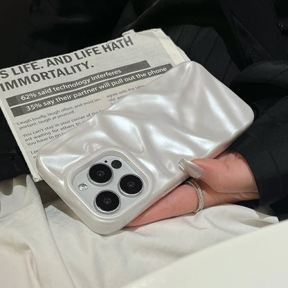 Pearl White Folds Texture Case For iPhone 16 13 14 11 12 Pro Max 15 Plus Stylish Glossy Soft TPU Phone Back Cover