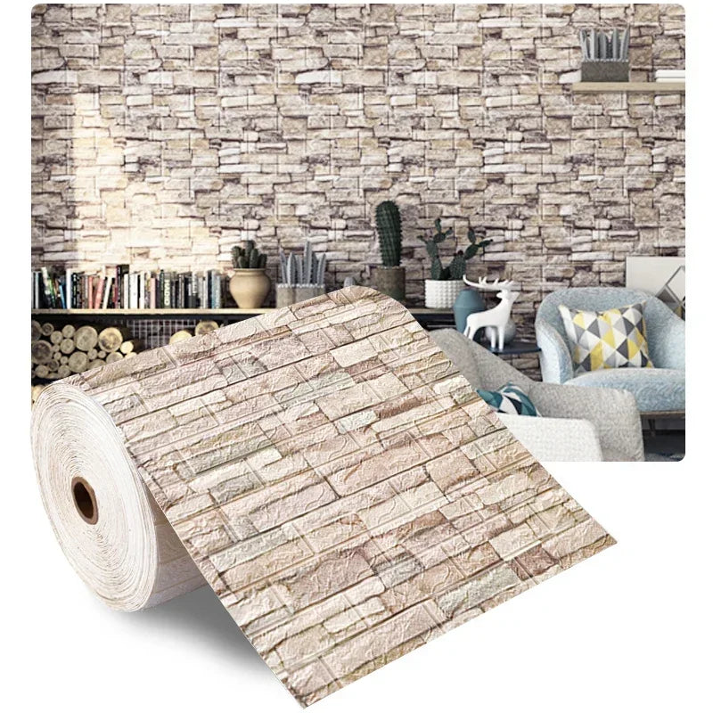 3D Wall Sticker 70cmx2m Continuous Retro Imitation Brick Wallpaper Self Adhesive Waterproof Wallcovering Living Room Wall Decor