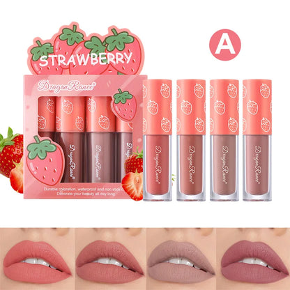 Mini Velvet Matte Lip Gloss Set, 4-Piece Non-Fading, Non-Stick Cup, Long-Lasting Fruit Scented Lip Tint, Smooth and Lightweight