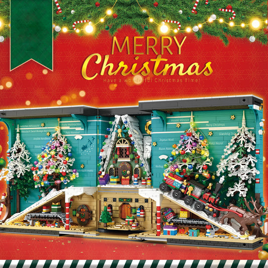 Christmas Bookends Building Blocks,3260 PCS DIY Christmas Tree Elk  Book Nook Blocks Set with LED Light, Gift for Adults 6+ Kids