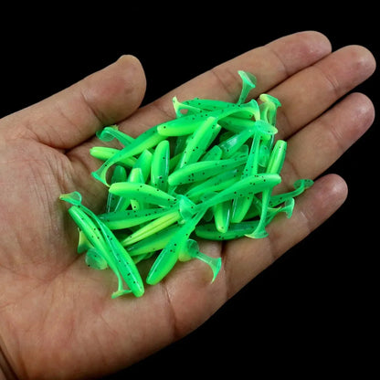 50 قطعة من طُعم صيد السمك الناعم الصغير، طُعم دودة ذيل حرف T، طُعم صناعي من السيليكون، أدوات صيد سمك البايك