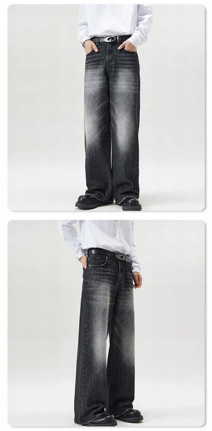 Vintage Distressed Men's Baggy Straight Jeans Spring Autumn Korean High Street Moustache Effect Denim Pants Streetwear Trousers