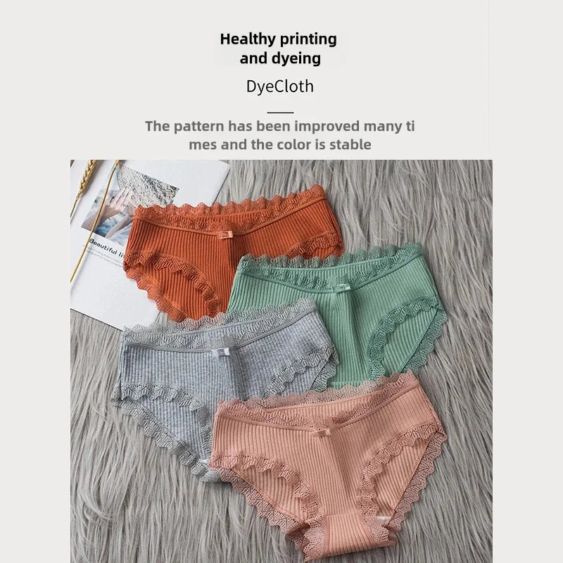 4 Pcs Lace Wavy Trim Bikini Panties, Comfy & Breathable Elastic Intimates Panties, Women's Lingerie & Underwear