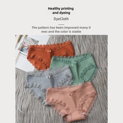 4 Pcs Lace Wavy Trim Bikini Panties, Comfy & Breathable Elastic Intimates Panties, Women's Lingerie & Underwear