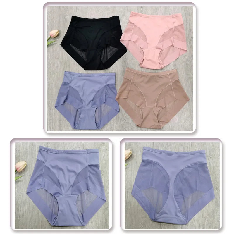 Sexy Mid Rise Womens Underwear Transparent Mesh Panties Waist Cincher Comfortable Ice Silk Large Size