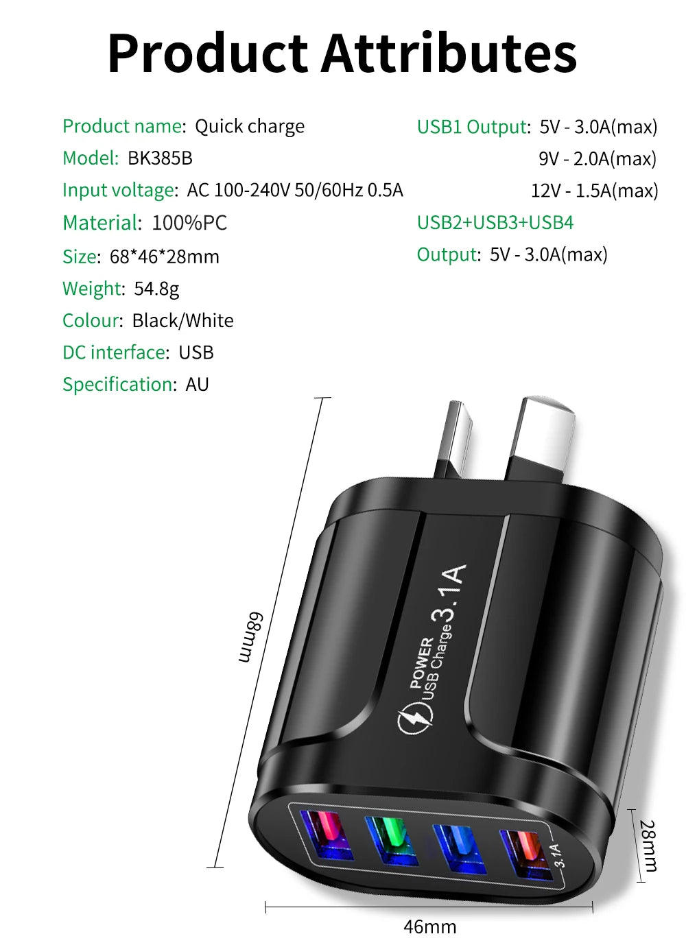 Australian USB Fast Charger AU Plug Quick Charger Mobile Phone Charger 3.1A Multiple 4 Ports USB Travel Adapter Wall Charger
