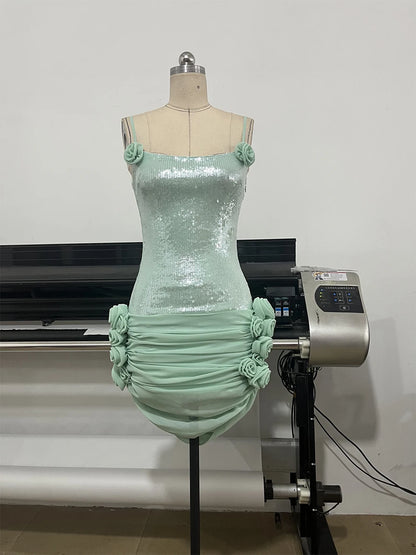 Sequin Sparkly Sexy Mini Dress Sleeveless Backless Tie Up Flower Ruched Prom Dresses Cocktail Evening Gown Wedding Guest Dress