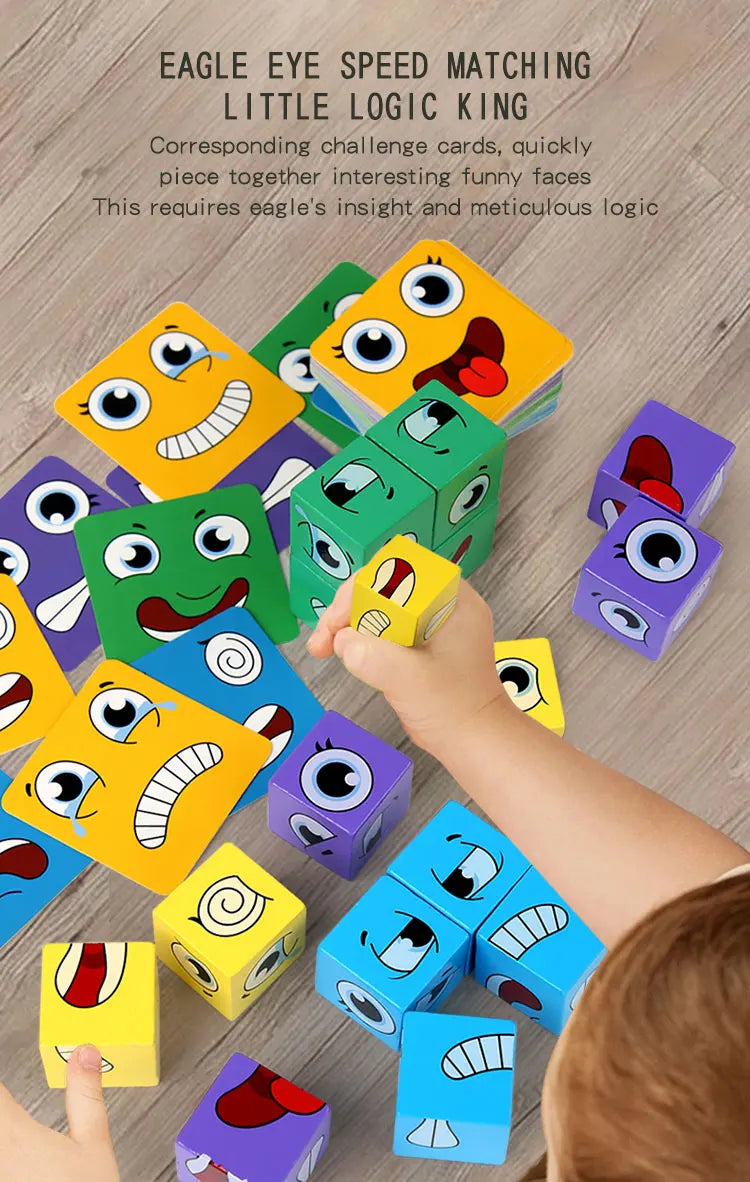 Kids Emotions Expression Game Wooden Cube Face Changing Board Cartoon Puzzle Toy Montessori Thinking Challenge Games