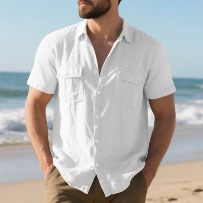 Men's Cotton Linen Short-Sleeved Shirt Summer Solid Color Stand-Up Collar Casual Beach Style plus Size S-5XL