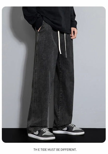 Dragging Streetwear Loose Jeans Men Korean Style Fashion Loose Straight Wide Leg Pant Men's Brand Clothing Black Light Blue Grey