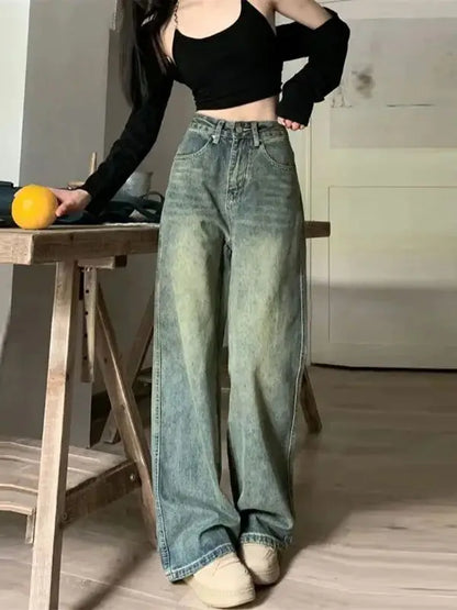 Vintage High-waisted Slimming Jeans American Style Casual Bell Bottoms Versatile Straight-leg Long Pants For Women