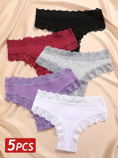 3/5PCS Lace Seamless Cotton Panties Ribbed Brazilian Pants Low Waist Women Panties Breathable Girls Underwear Plus Size Lingerie
