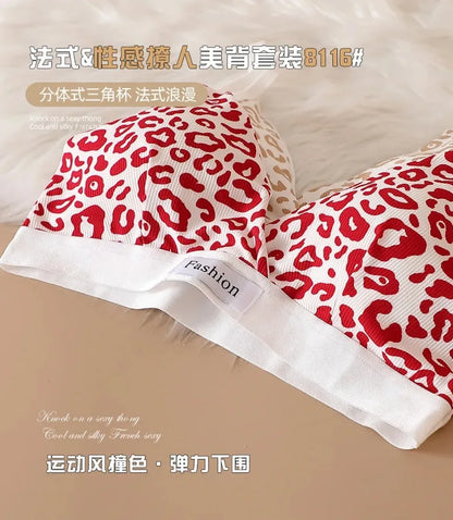 Women Seamless Bra Set Low Waist Panties Leopard Bralette Sexy Lingerie Set Vneck Sport Brassiere Female Cotton Underwear Set
